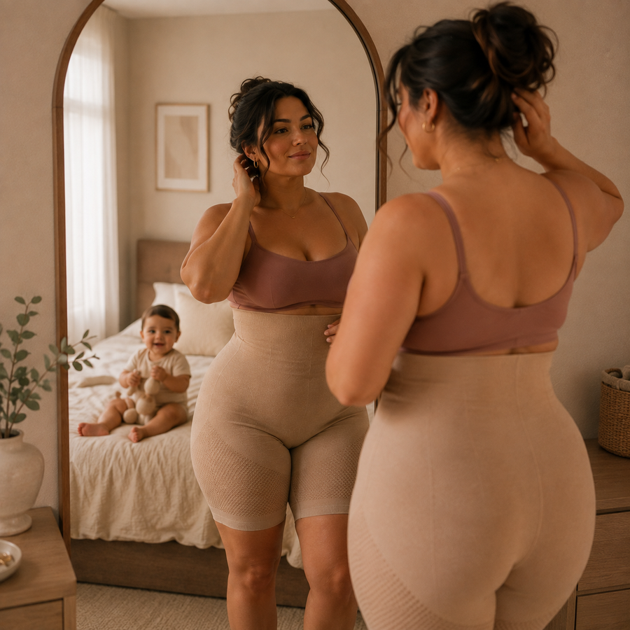 Woman looking in the mirror before leaving the house